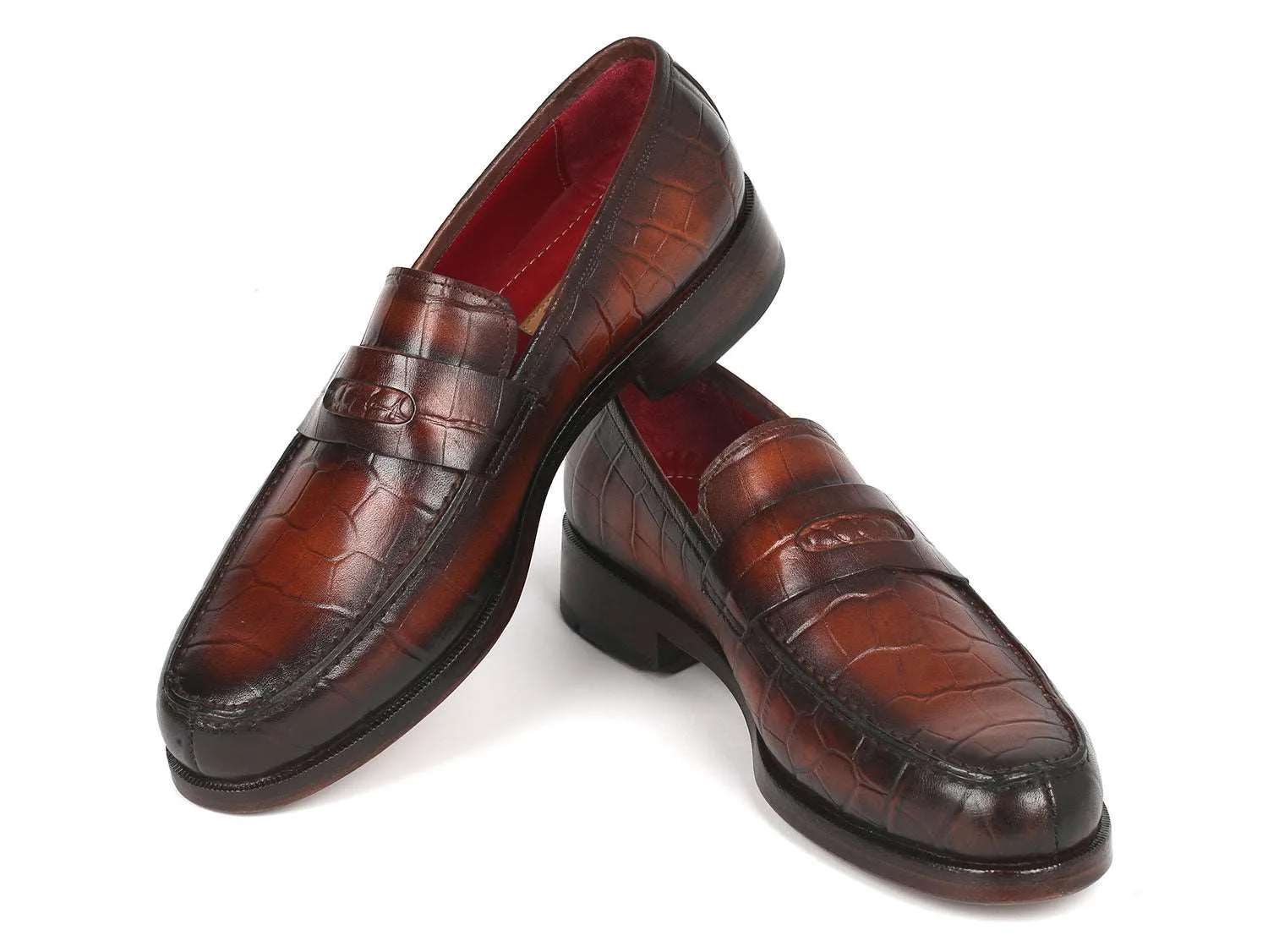 Paul Parkman Brown Crocodile Calfskin Penny Loafers