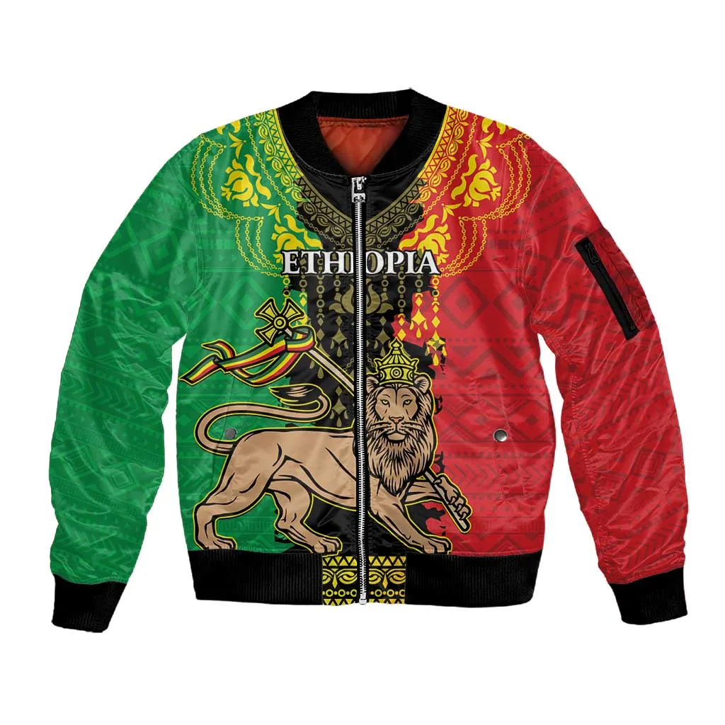 Personalised Afro Ethiopia Sleeve Zip Bomber Jacket Lion Of Judah - African Pattern LT15