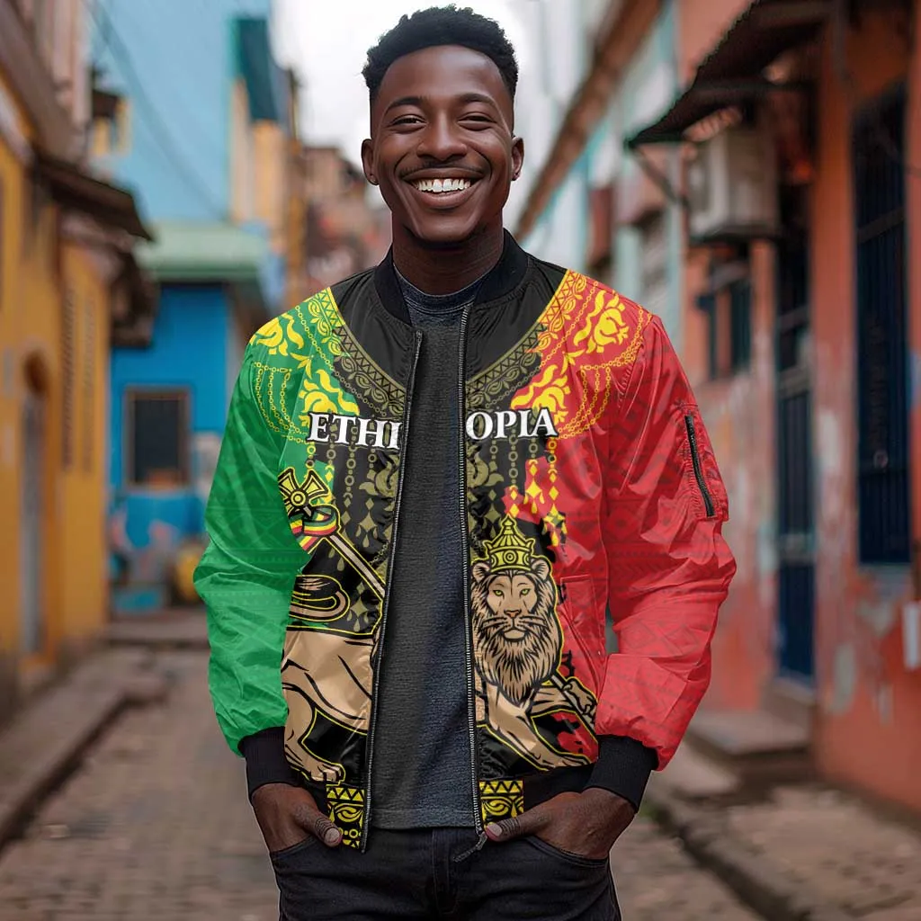 Personalised Afro Ethiopia Sleeve Zip Bomber Jacket Lion Of Judah - African Pattern LT15
