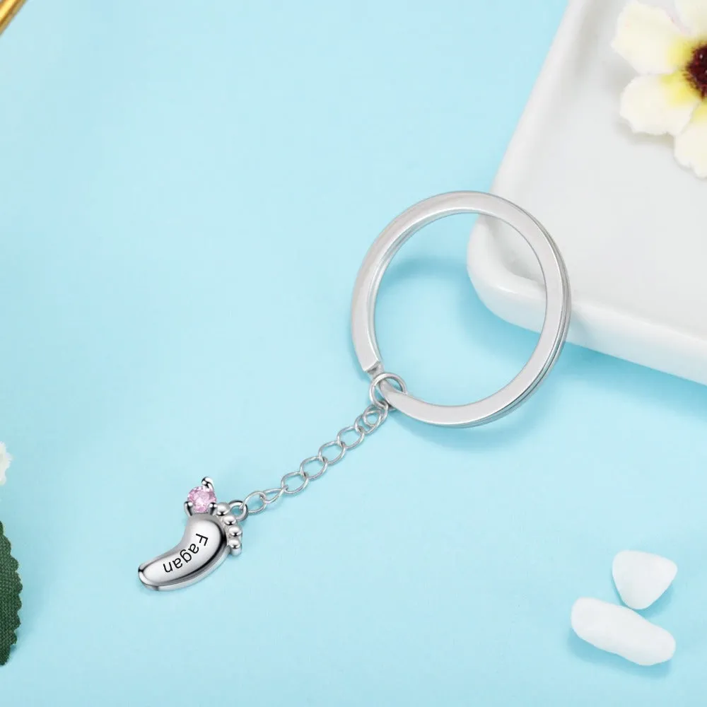 Personalized 1 Name And Birthstone Engraved Baby Foot Keychains