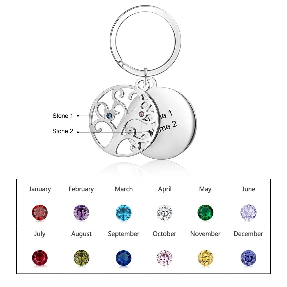 Personalized 2 Stones And 2 Names Engraved Tree of Life Keychains