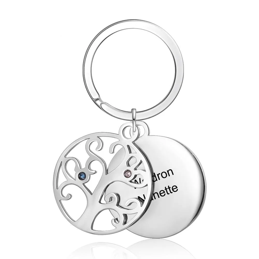 Personalized 2 Stones And 2 Names Engraved Tree of Life Keychains