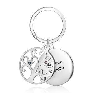 Personalized 2 Stones And 2 Names Engraved Tree of Life Keychains