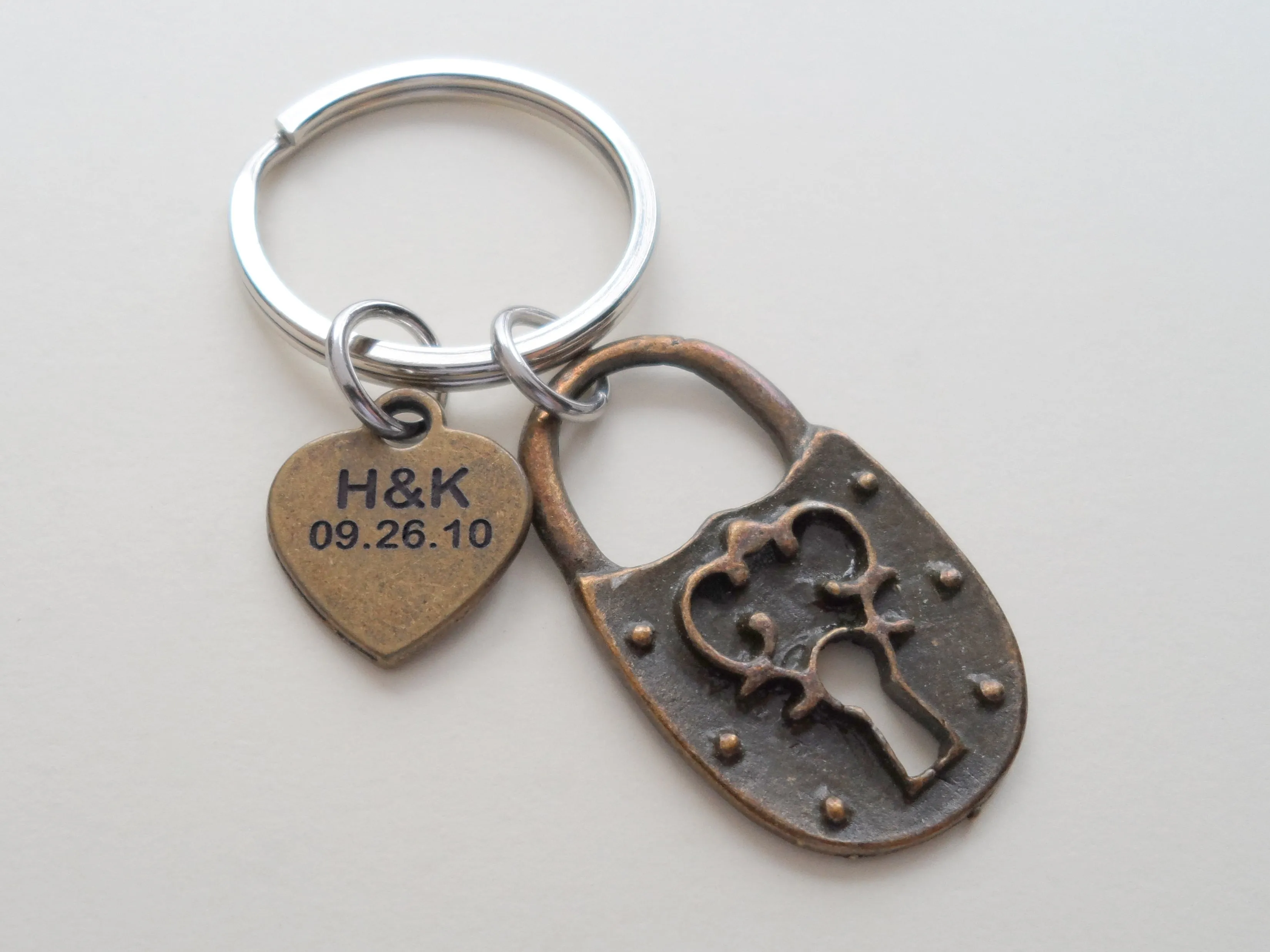 Personalized & Matching Couples Lock & Key Keychain Set w/ Customizable Heart Tag