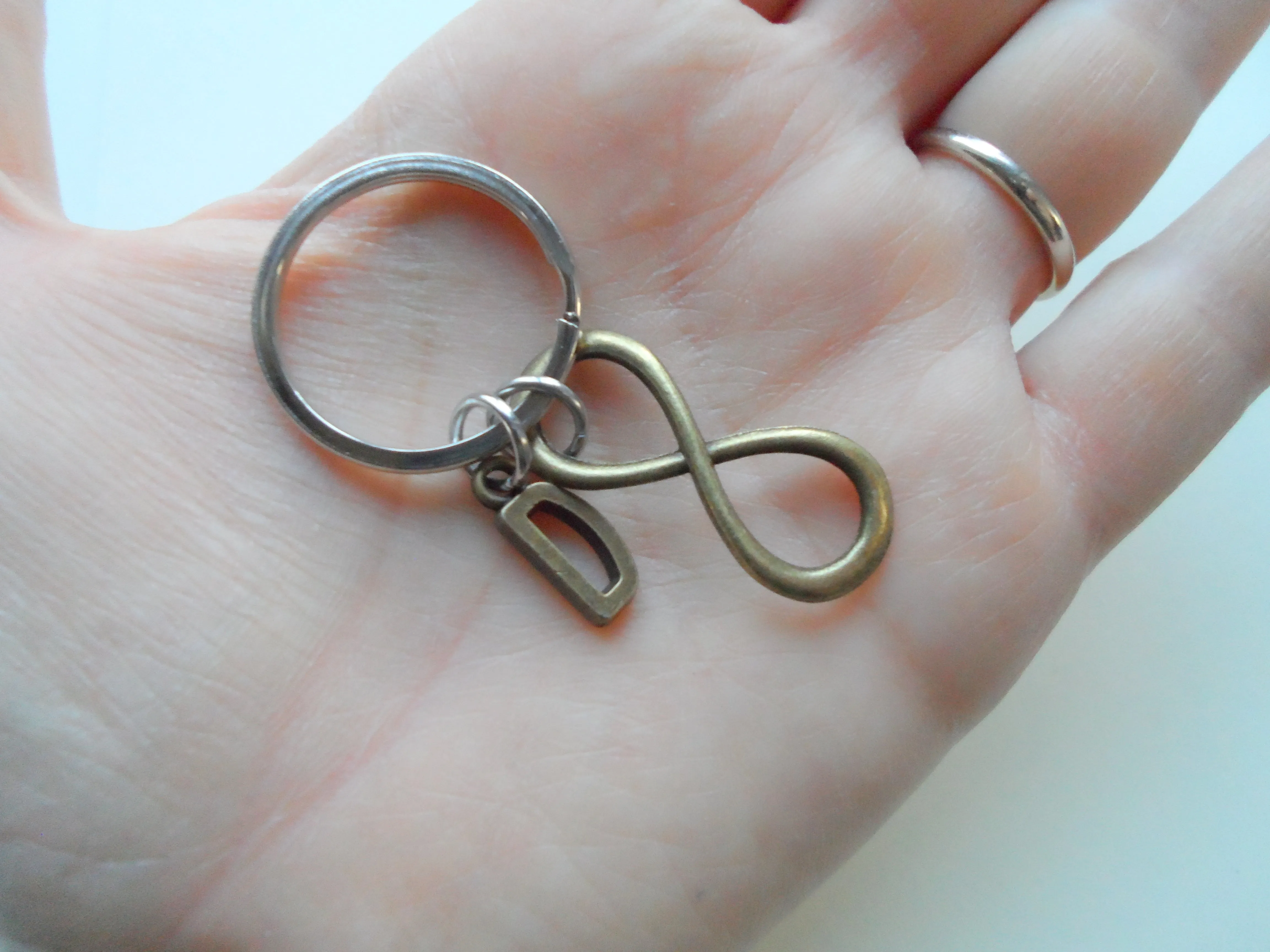Personalized Double Bronze Infinity Charm Keychains with Letter Charms; Couple Keychains, Best Friends Keychains