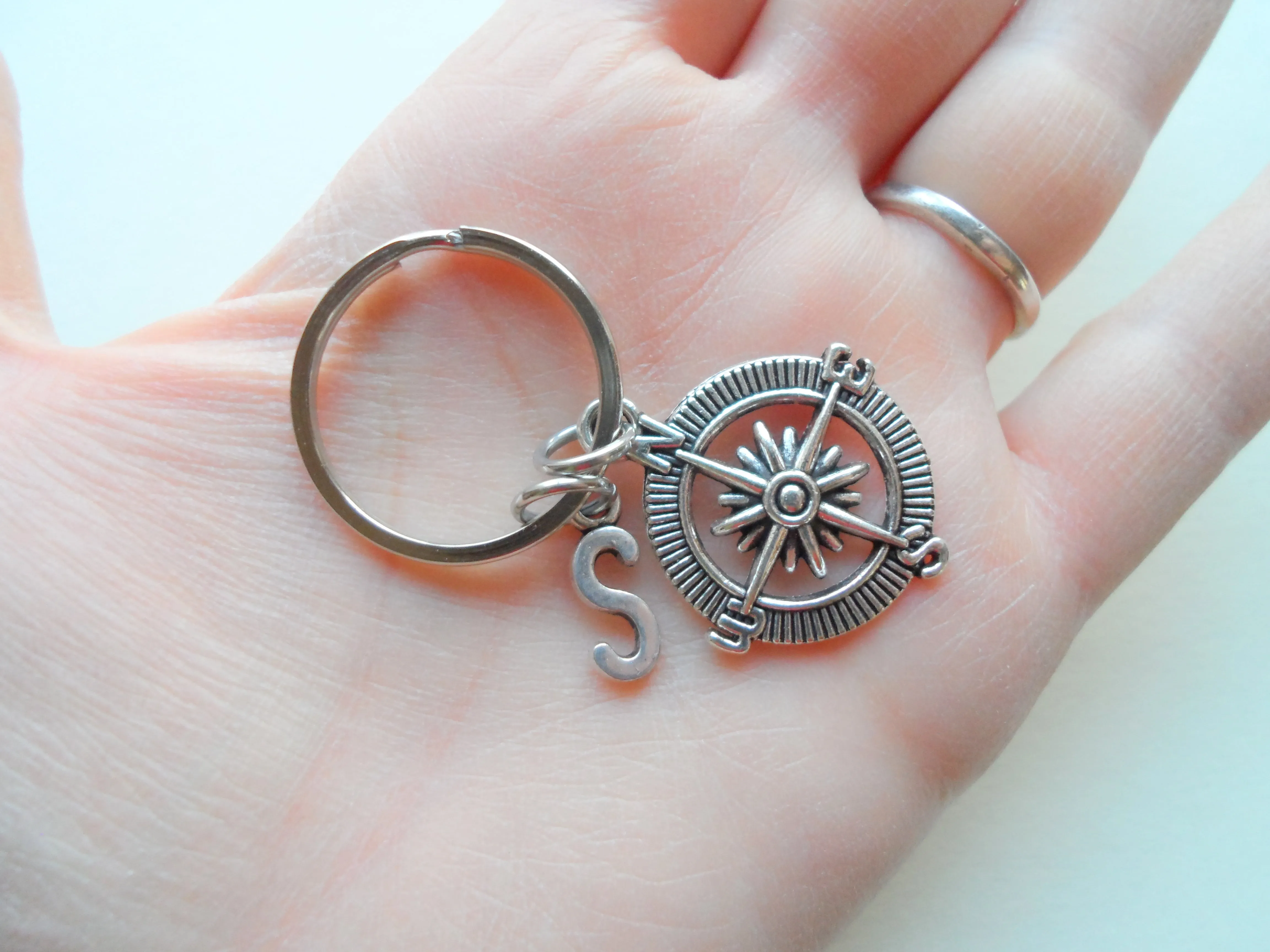 Personalized Double Open Metal Compass Keychains With Initials Charms - I'd Be Lost Without You; Couples or Best Friends Keychain Set