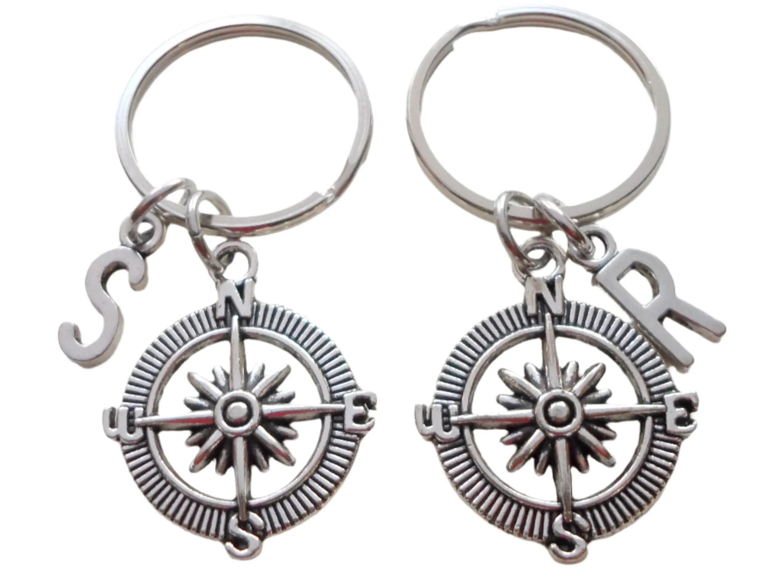 Personalized Double Open Metal Compass Keychains With Initials Charms - I'd Be Lost Without You; Couples or Best Friends Keychain Set