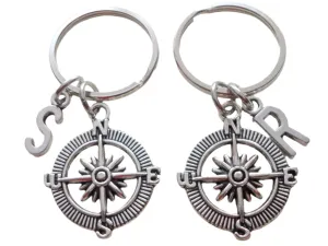Personalized Double Open Metal Compass Keychains With Initials Charms - I'd Be Lost Without You; Couples or Best Friends Keychain Set