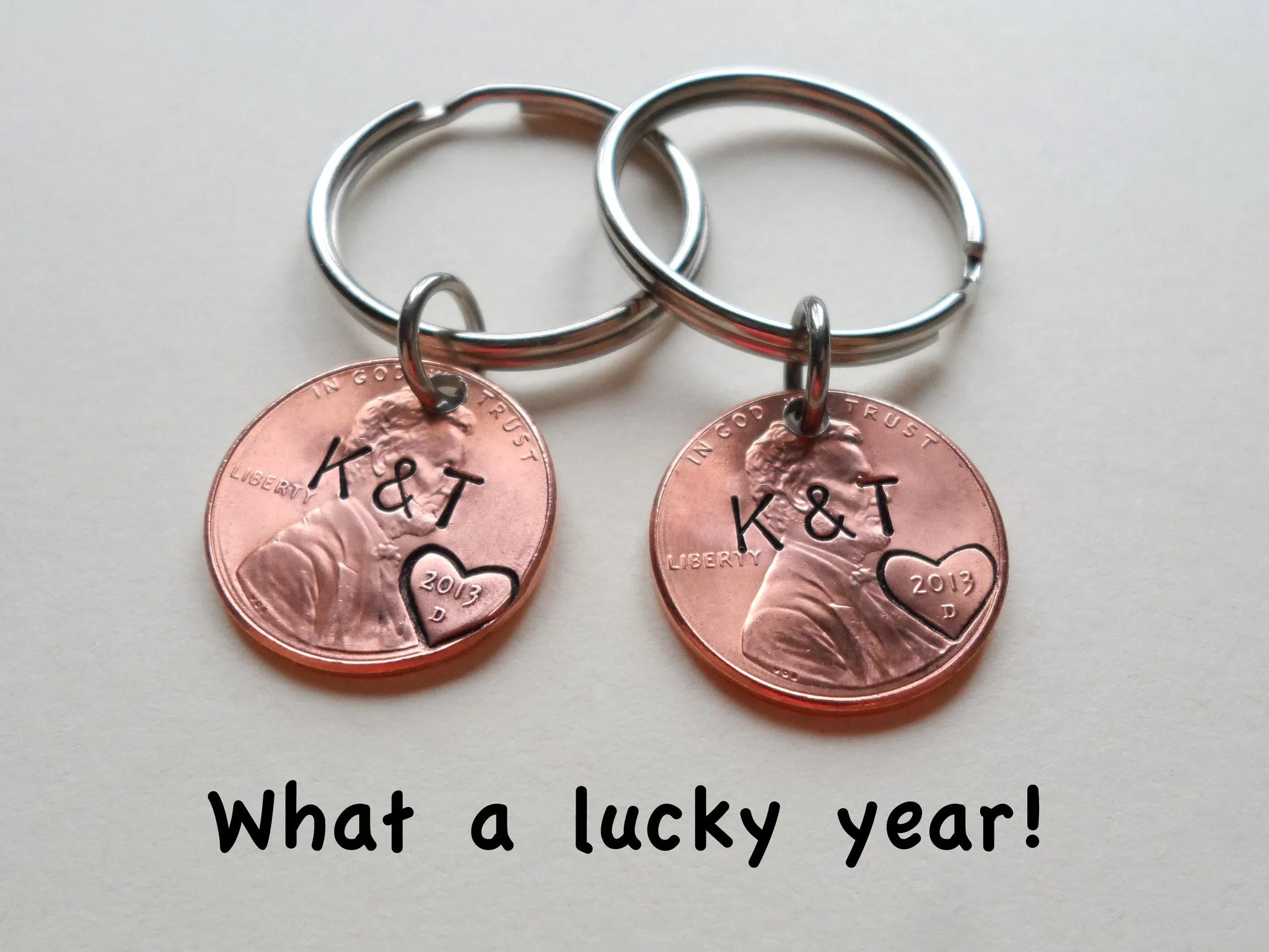 Personalized Double Set Penny Keychains Custom Hand Stamped and Heart Around The Year