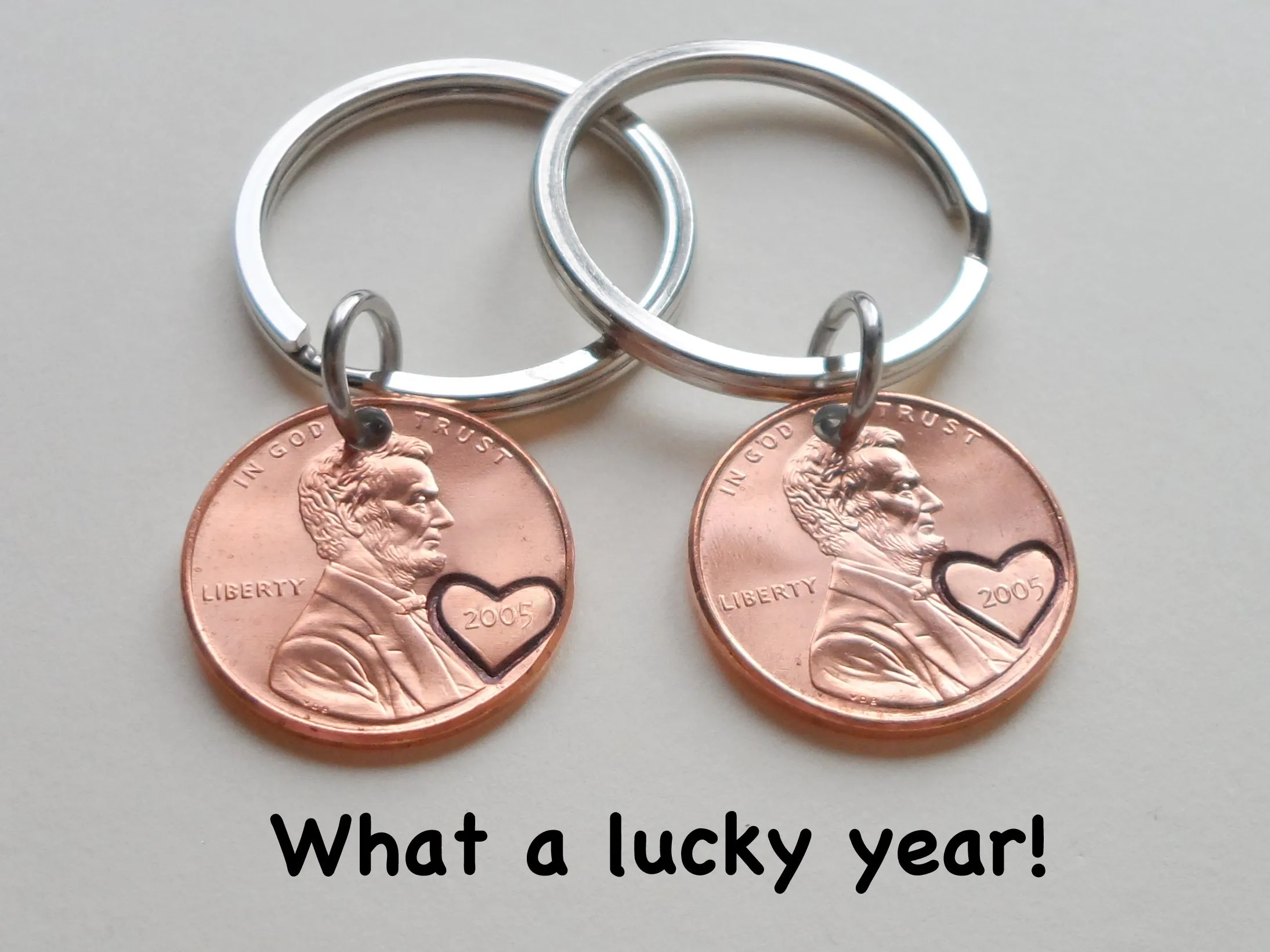 Personalized Double Set Penny Keychains Custom Hand Stamped and Heart Around The Year