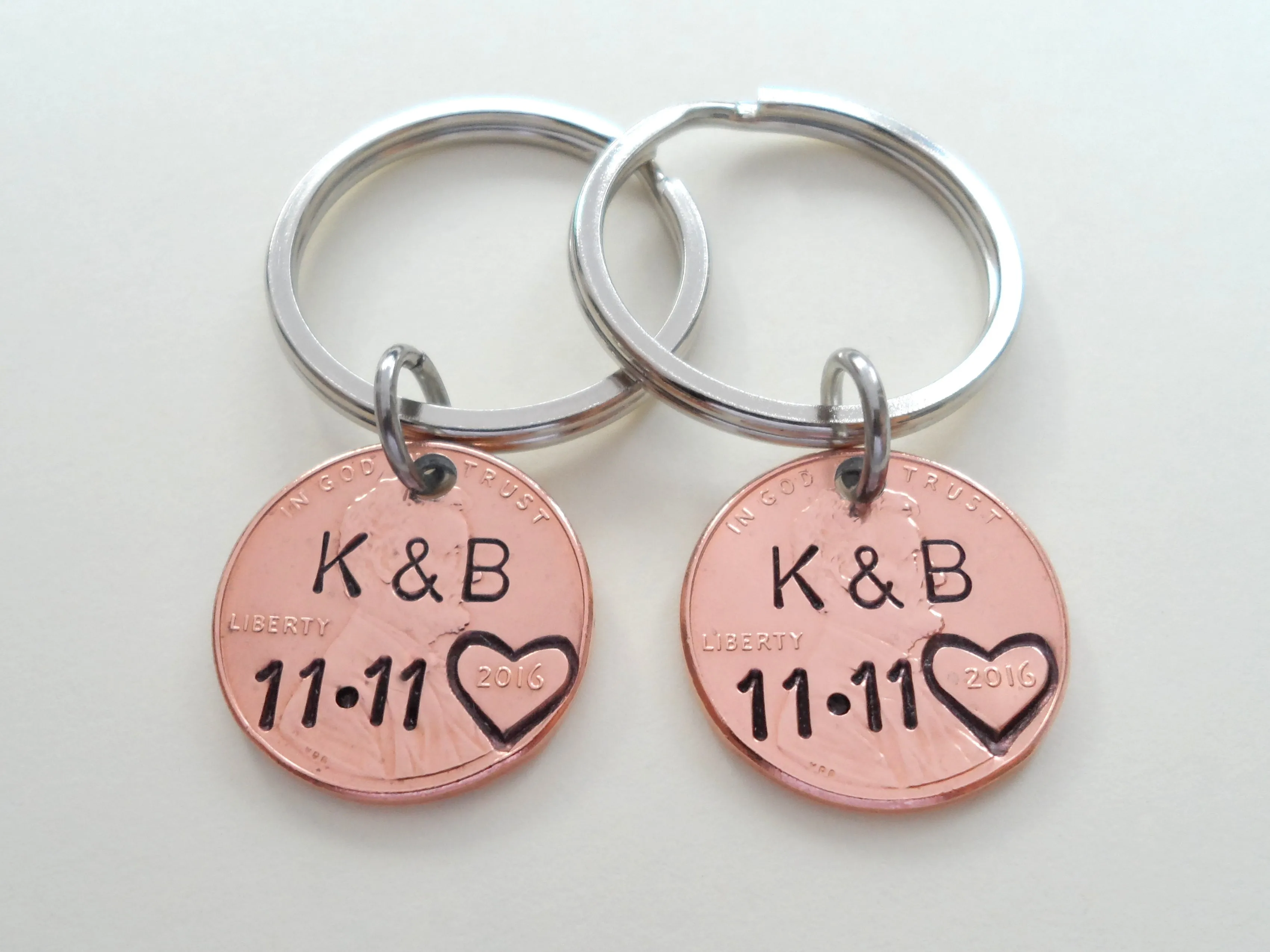 Personalized Double Set Penny Keychains Custom Hand Stamped and Heart Around The Year