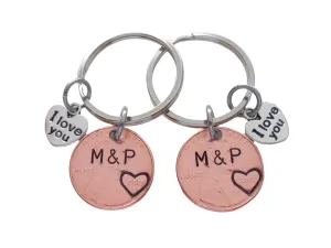 Personalized Matching Couples Penny Keychains Hand-Stamped with I Love You Heart Charm