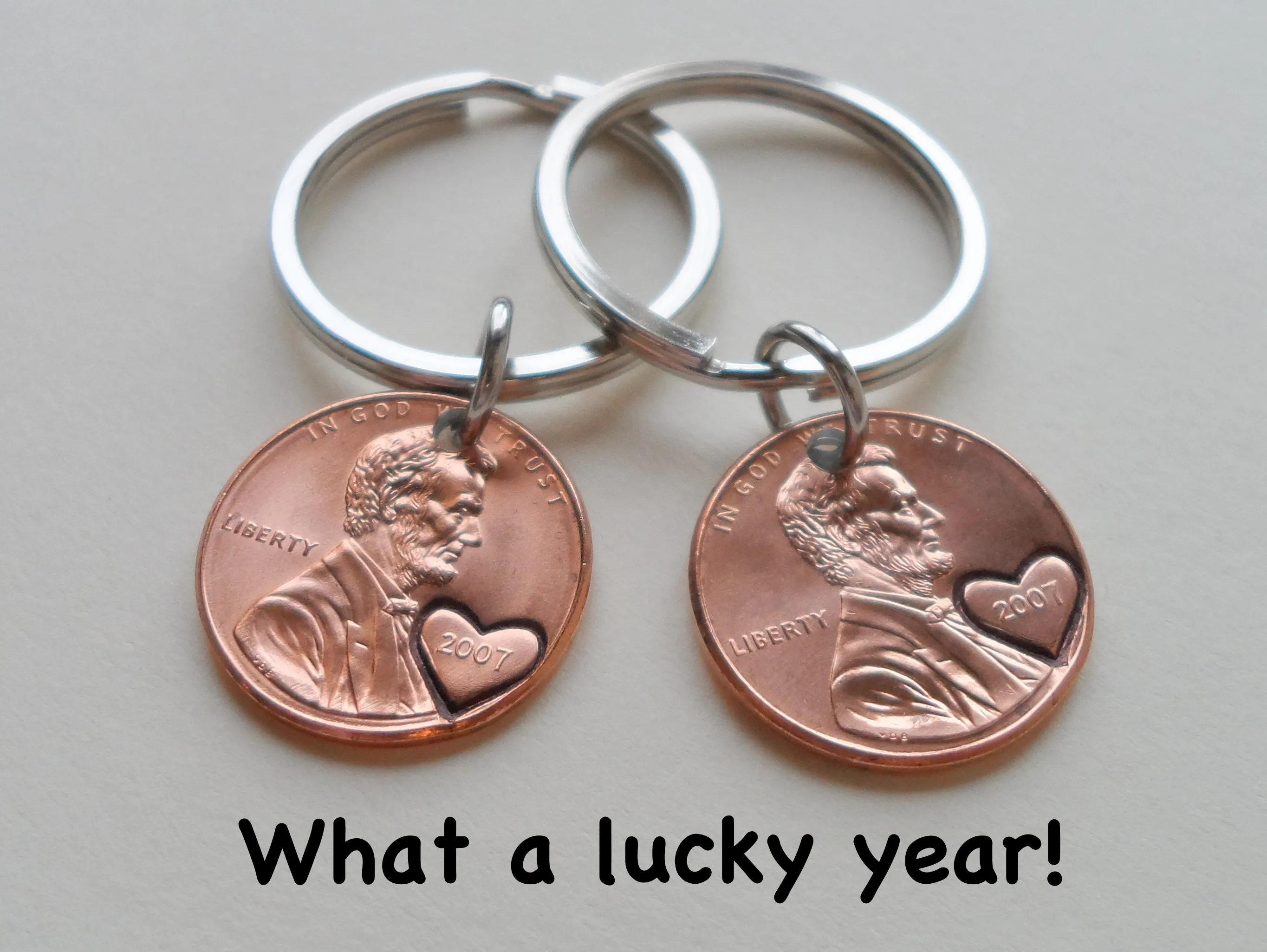 Personalized Matching Couples Penny Keychains Hand-Stamped with I Love You Heart Charm