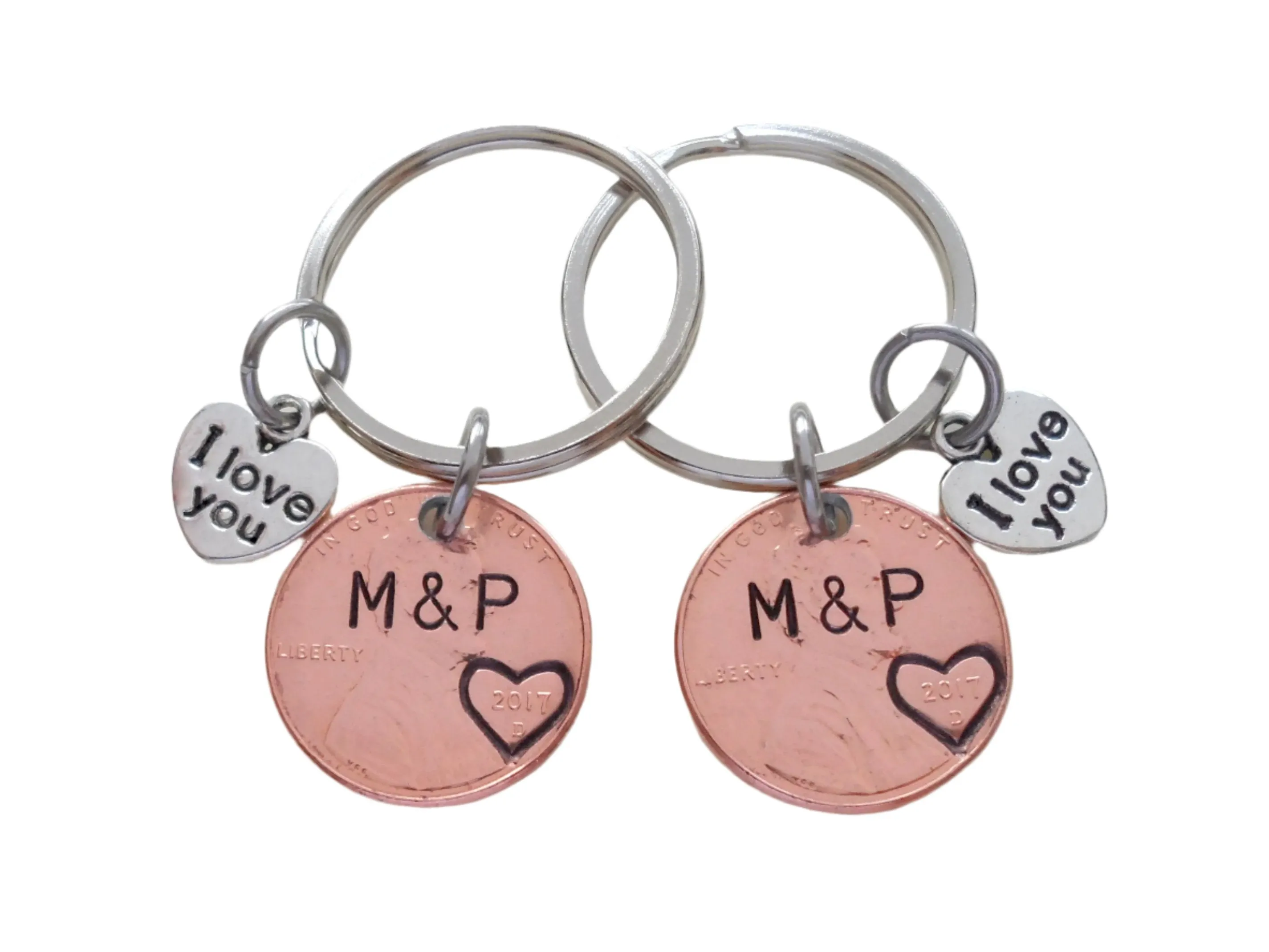 Personalized Matching Couples Penny Keychains Hand-Stamped with I Love You Heart Charm
