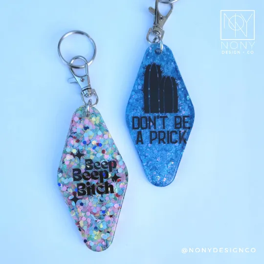 Personalized Retro Keychain | Midcentury Hotel Key Tag | Beep Beep Bitch | Bad Driver | Embrace the Chaos | Tired Moms Club | Good Vibes