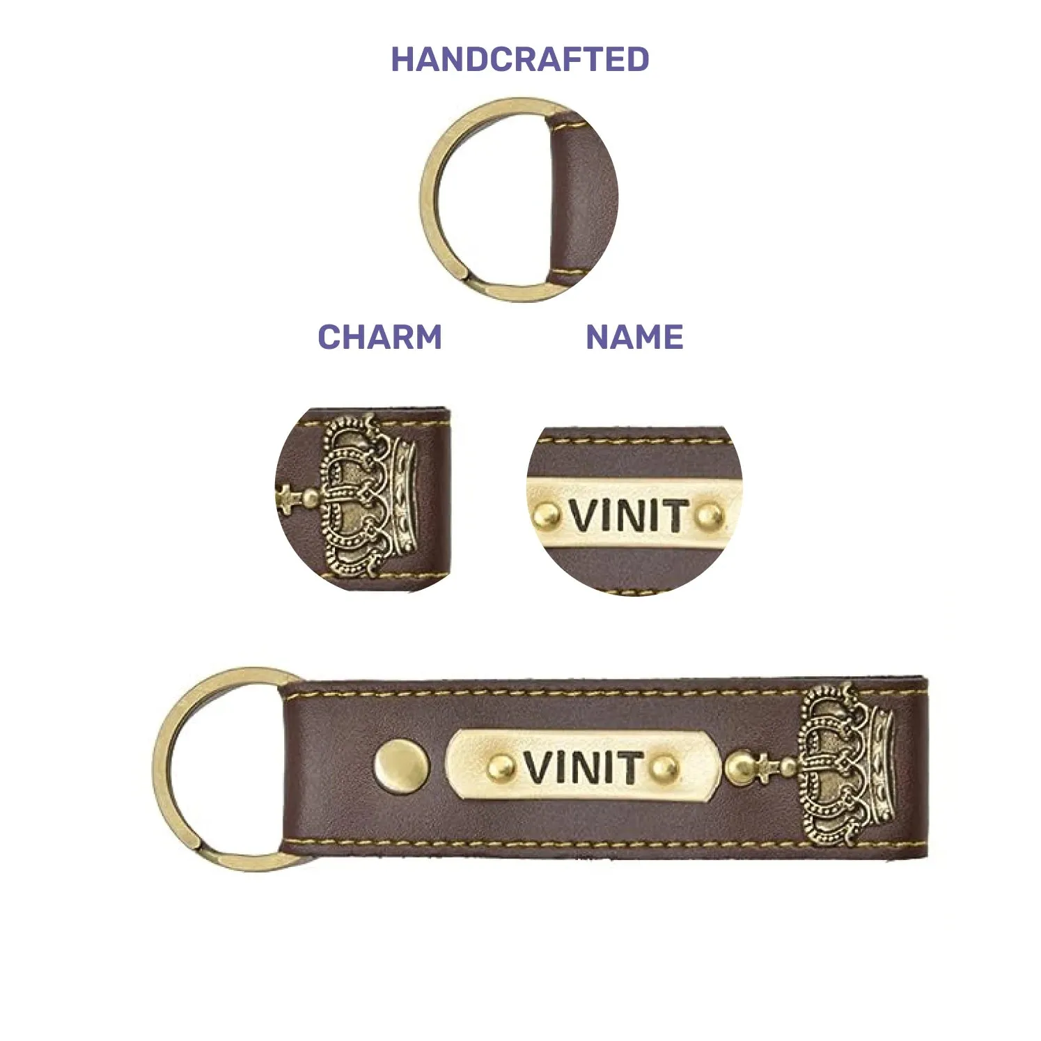 Personalized Vegan Leather Keychain with Hook - Brown