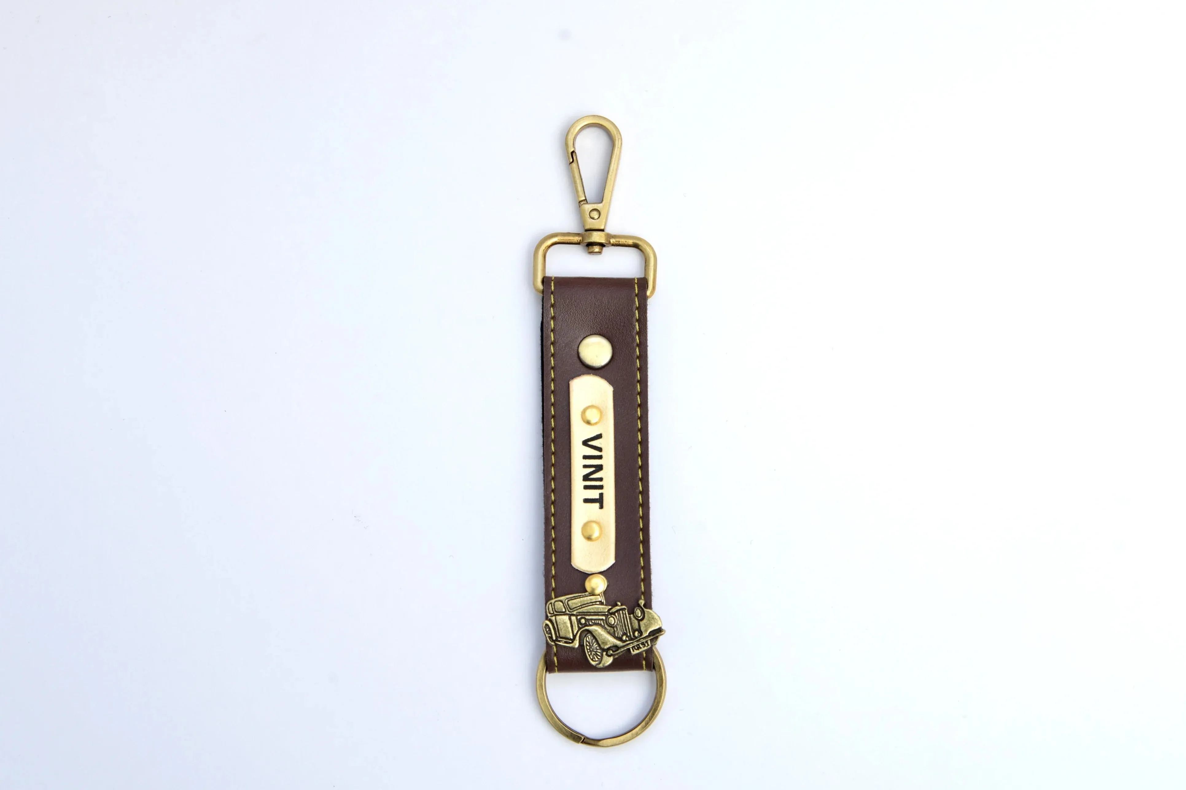 Personalized Vegan Leather Keychain with Hook - Brown