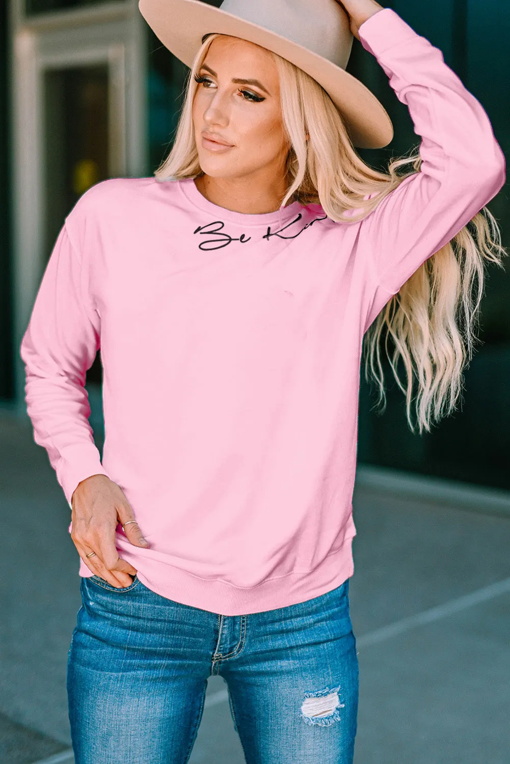 Pink Be Kind Letter Print Crew Neck Pullover Sweatshirt
