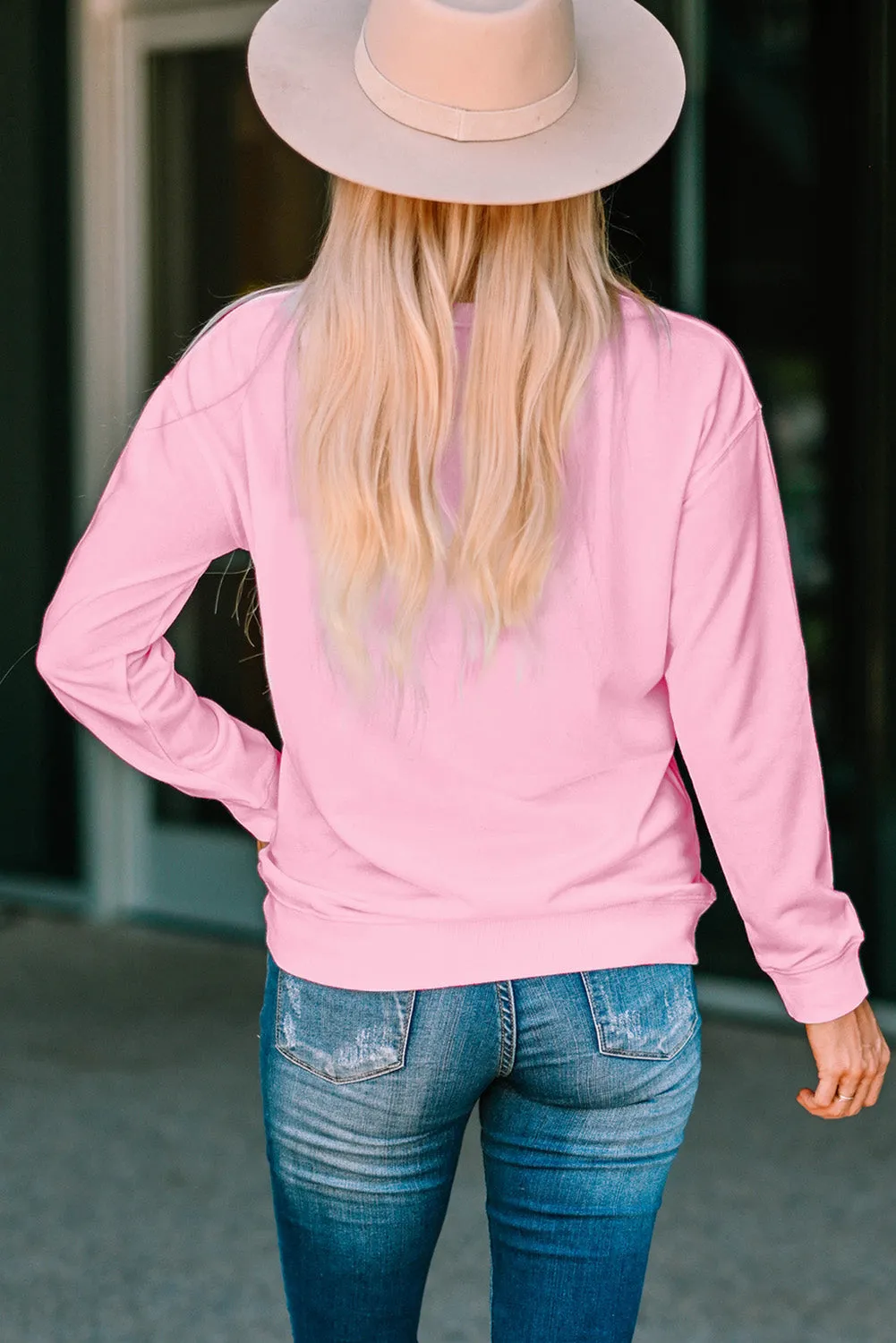 Pink Be Kind Letter Print Crew Neck Pullover Sweatshirt