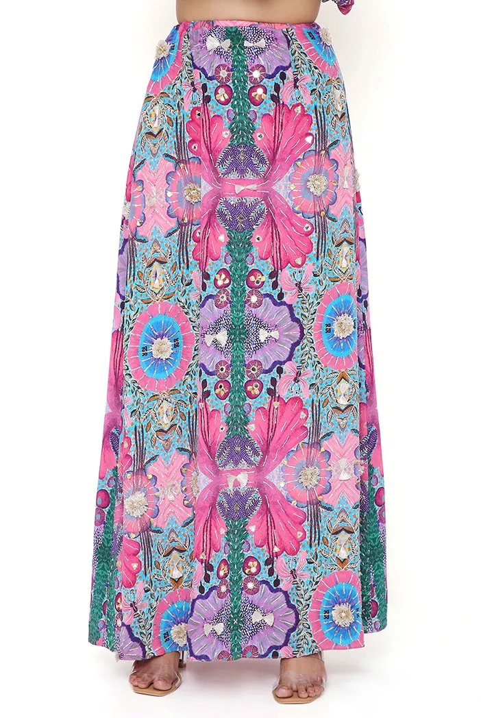 PINK ENCHANTED PRINT CREPE EMBROIDERED SIDE TIE-UP CHOLI WITH SKIRT