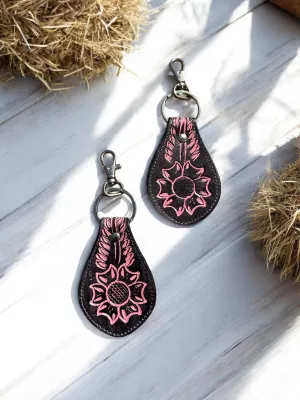 Pink Floral Tooled Leather Keychains
