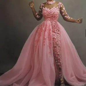 pink jumpsuit for women with removable train 2020 lace appliqué pant suits for weddings prom dresses