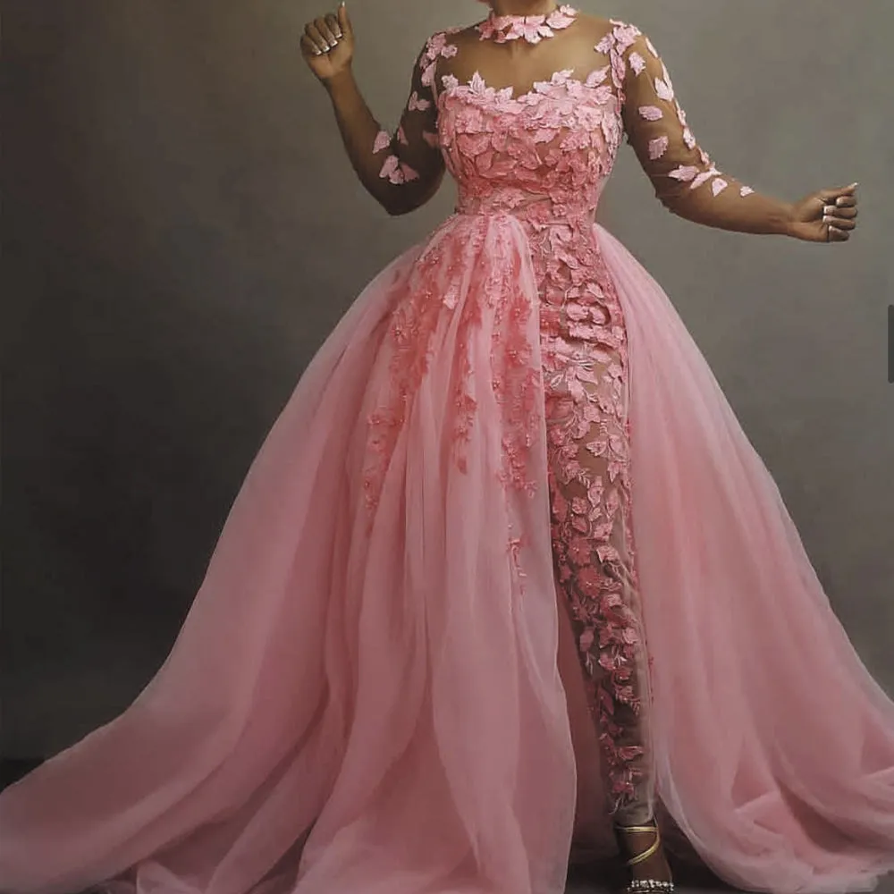 pink jumpsuit for women with removable train 2020 lace appliqué pant suits for weddings prom dresses
