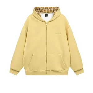 Plaid-Lined Pockets Zip-Up Hoodie