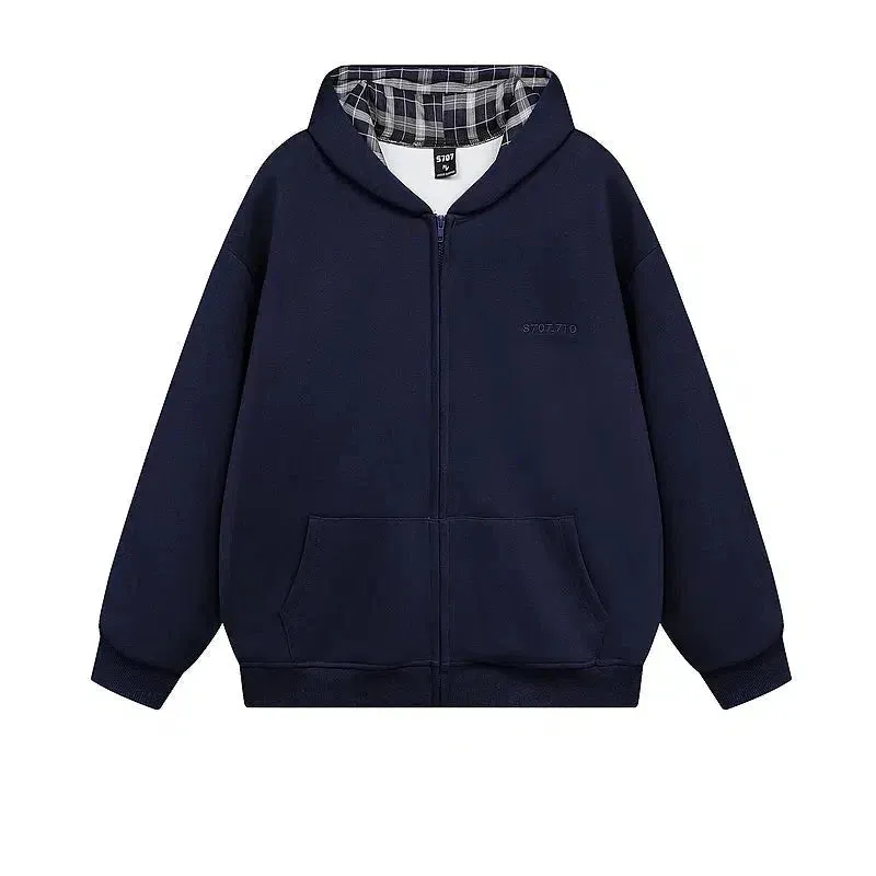 Plaid-Lined Pockets Zip-Up Hoodie