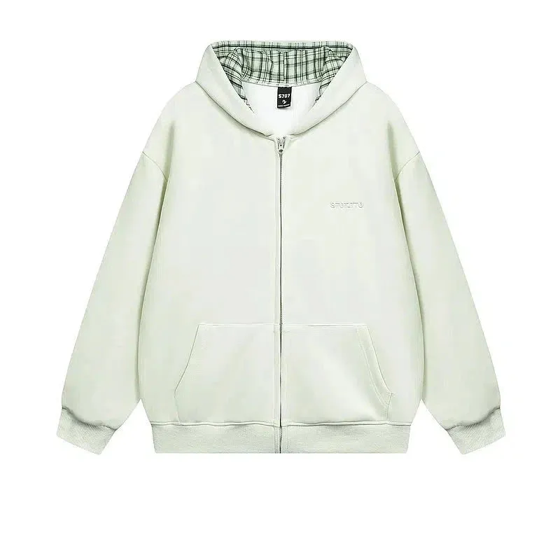 Plaid-Lined Pockets Zip-Up Hoodie