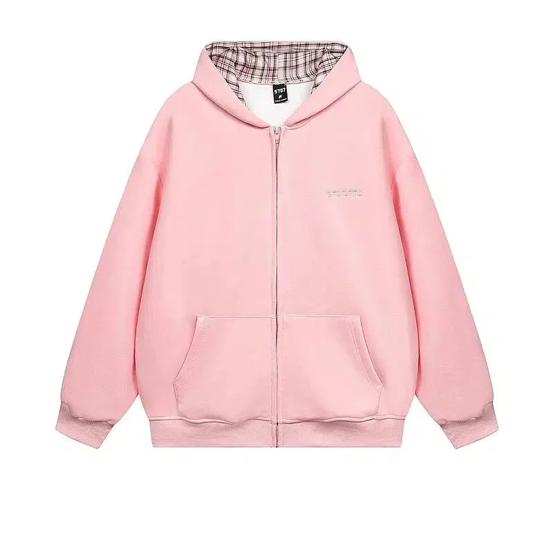 Plaid-Lined Pockets Zip-Up Hoodie
