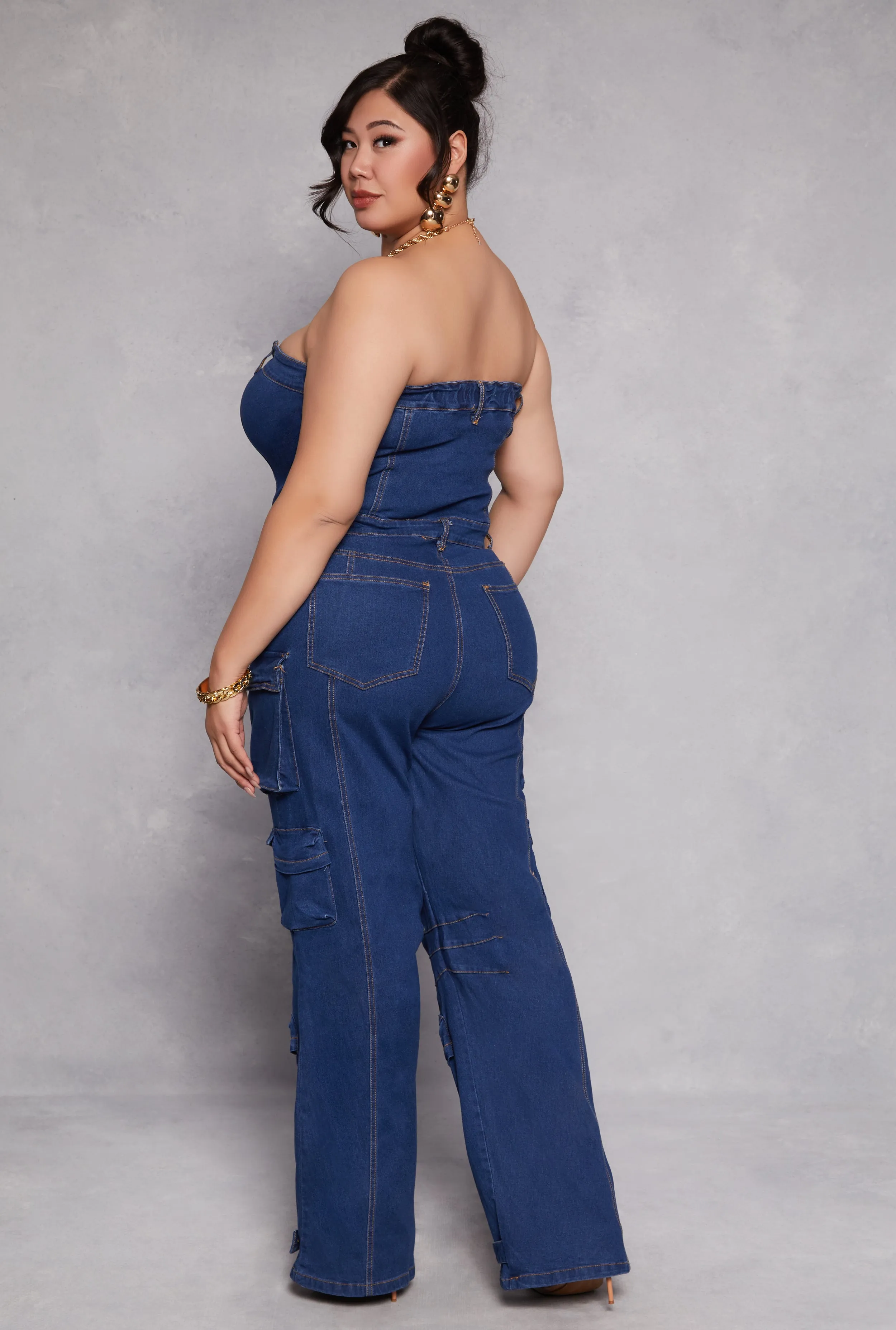 Plus Size Daisy Denim Strapless Utility Jumpsuit