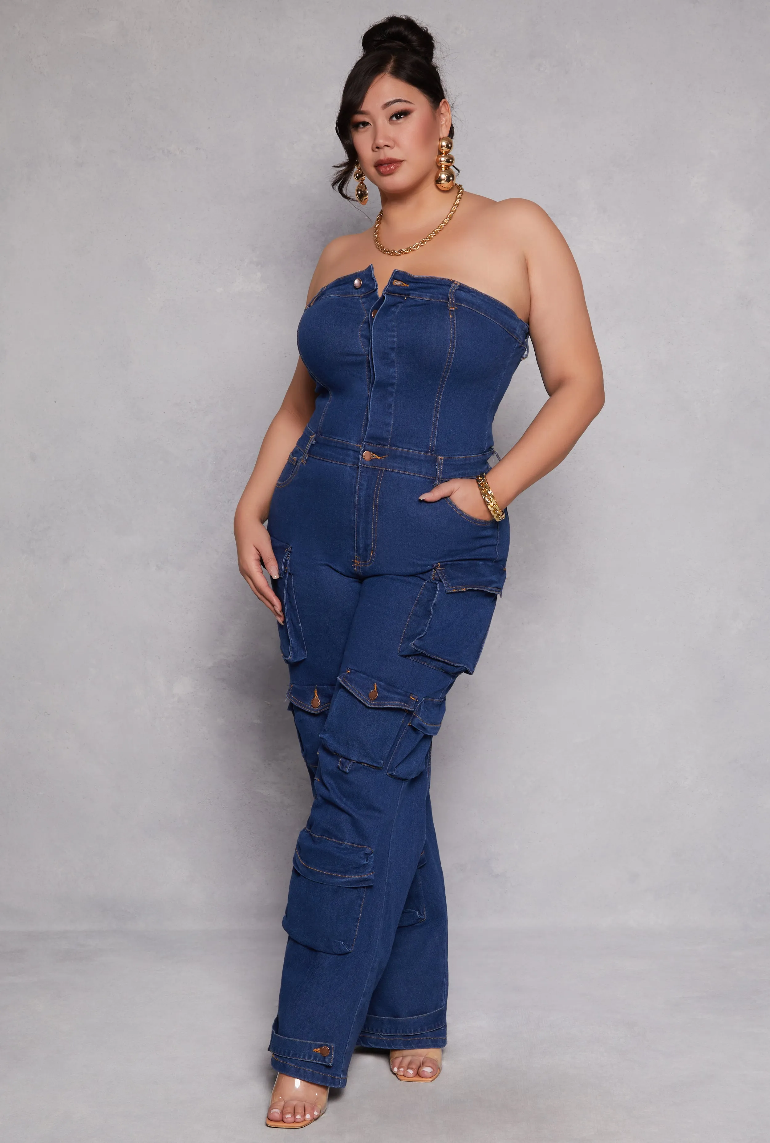 Plus Size Daisy Denim Strapless Utility Jumpsuit