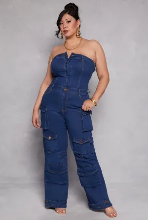 Plus Size Daisy Denim Strapless Utility Jumpsuit