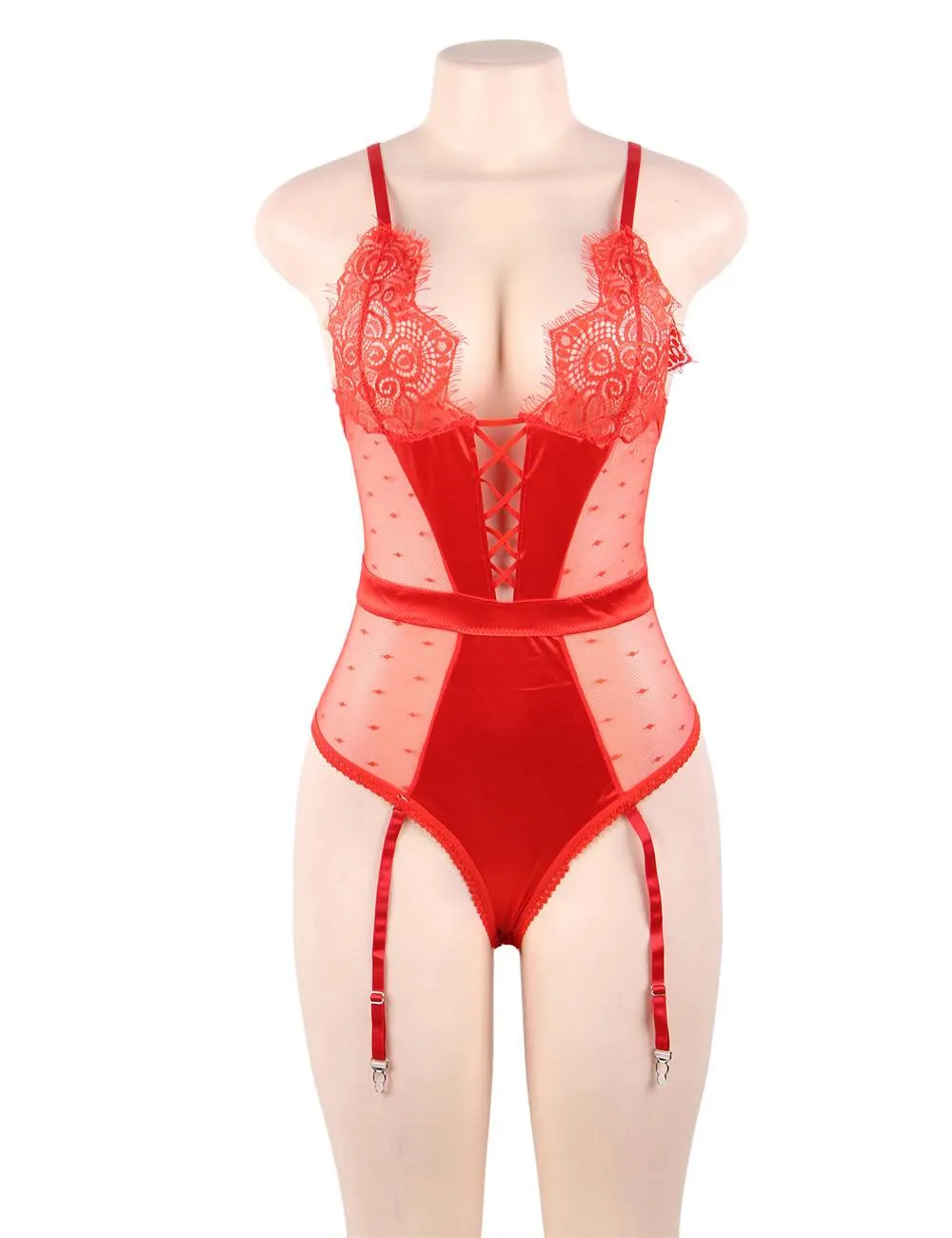 Plus Size Egypt Satin Lace Stitching Teddy With Garter