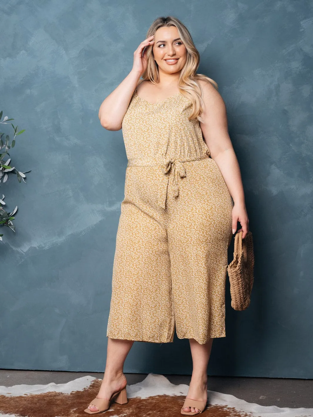 PLUS SIZE SLEEVELESS SELF TIE FLORAL JUMPSUIT