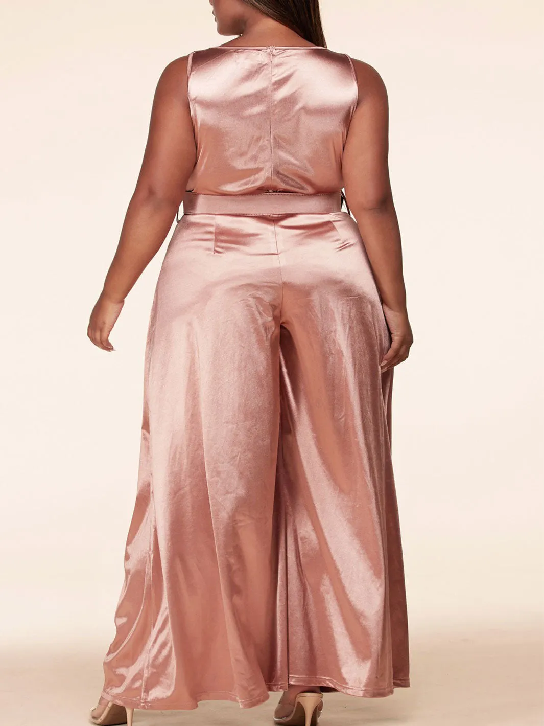 PLUS SIZE SLEEVELESS SILK COWL NECK WIDE LEG WITH BELT JUMPSUIT