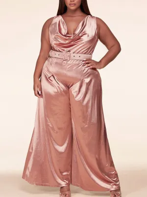 PLUS SIZE SLEEVELESS SILK COWL NECK WIDE LEG WITH BELT JUMPSUIT