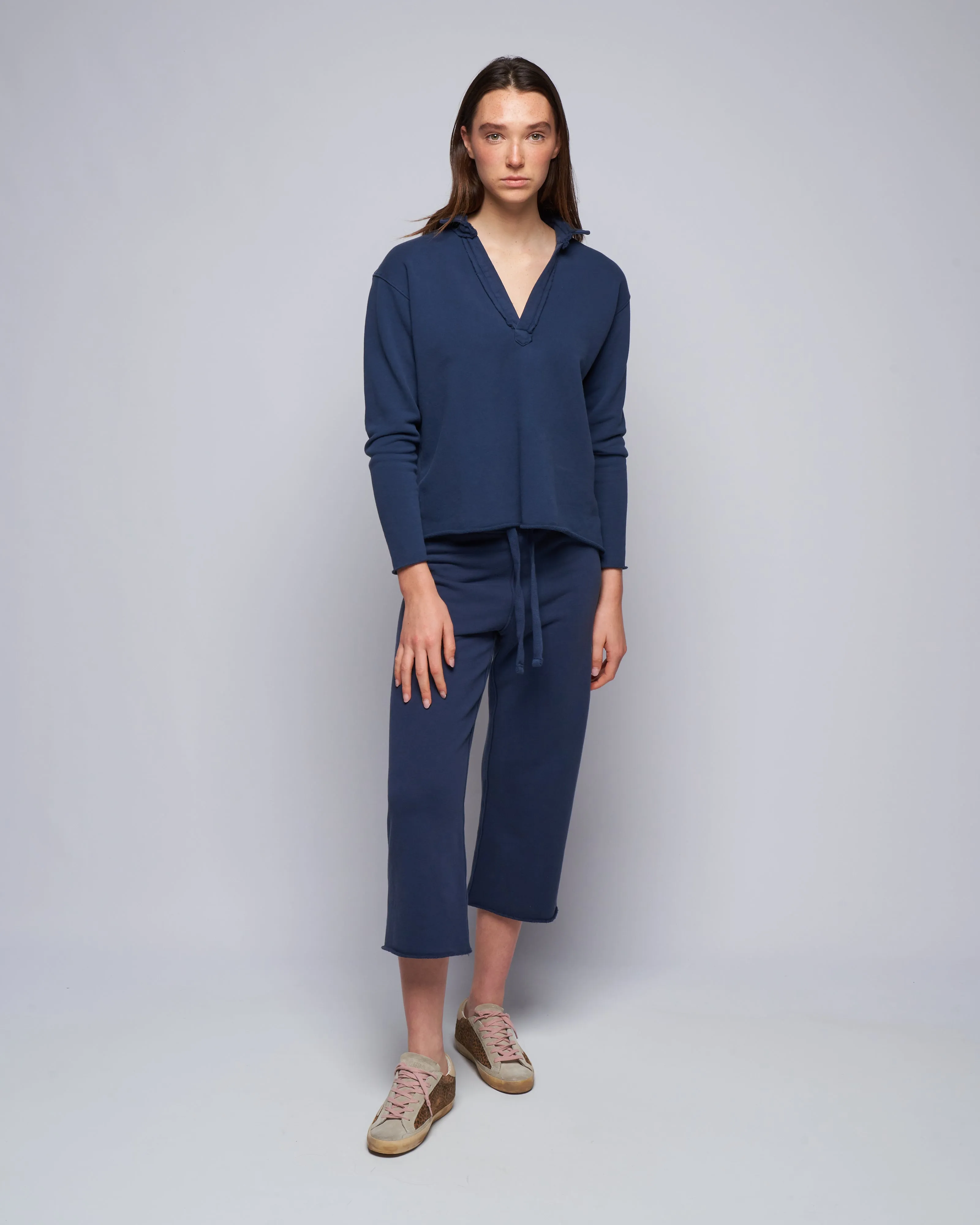 popover triple fleece henley - denim