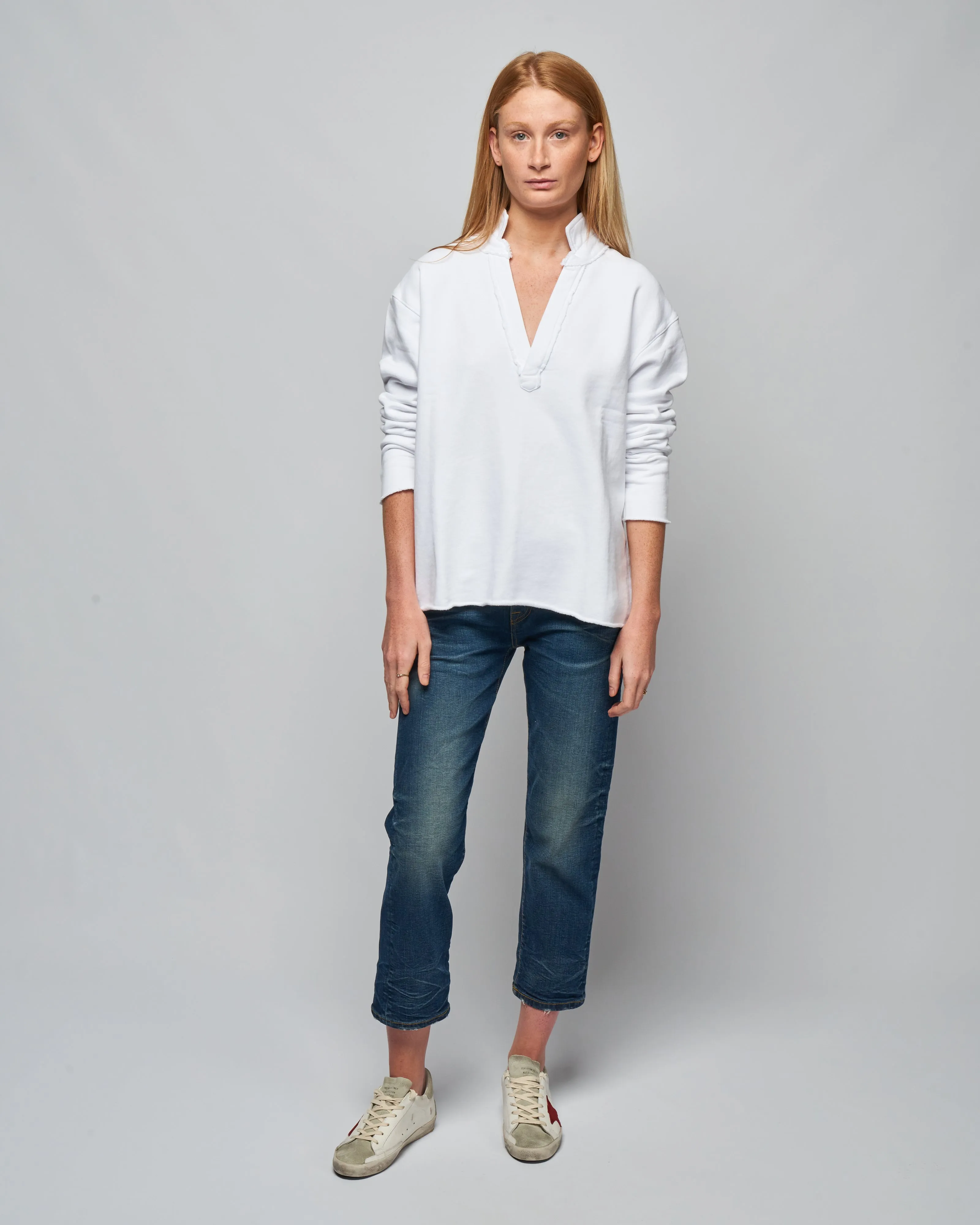 popover triple fleece henley - white