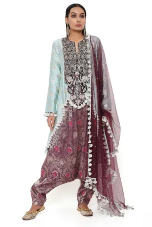 POWDER BLUE BROCADE SILK HIGH LOW KURTA WITH PURPLE BROCADE LOW CROTCH PANT AND PURPLE MUKAISH NET DUPATTA