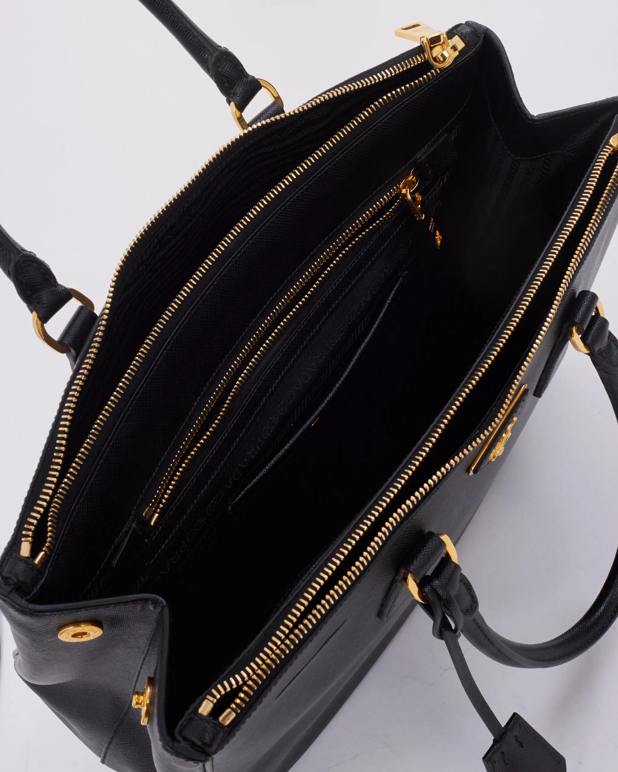 Prada Black Saffiano Leather Double Zip Medium Galleria Top Handle Bag