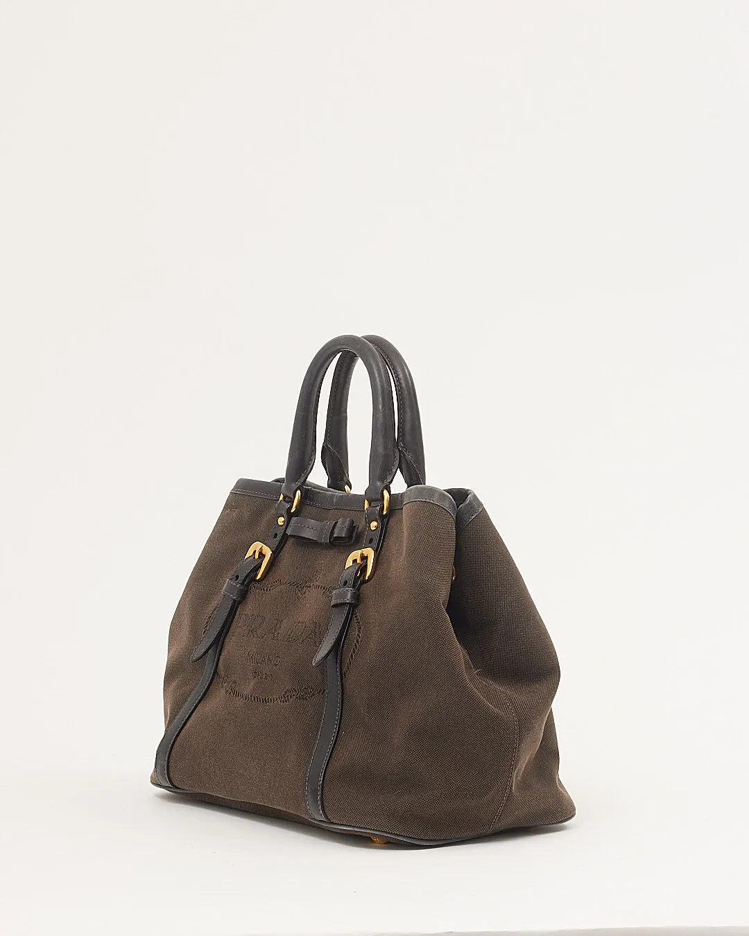 Prada Brown/Black Canvas Logo Convertible Tote Bag