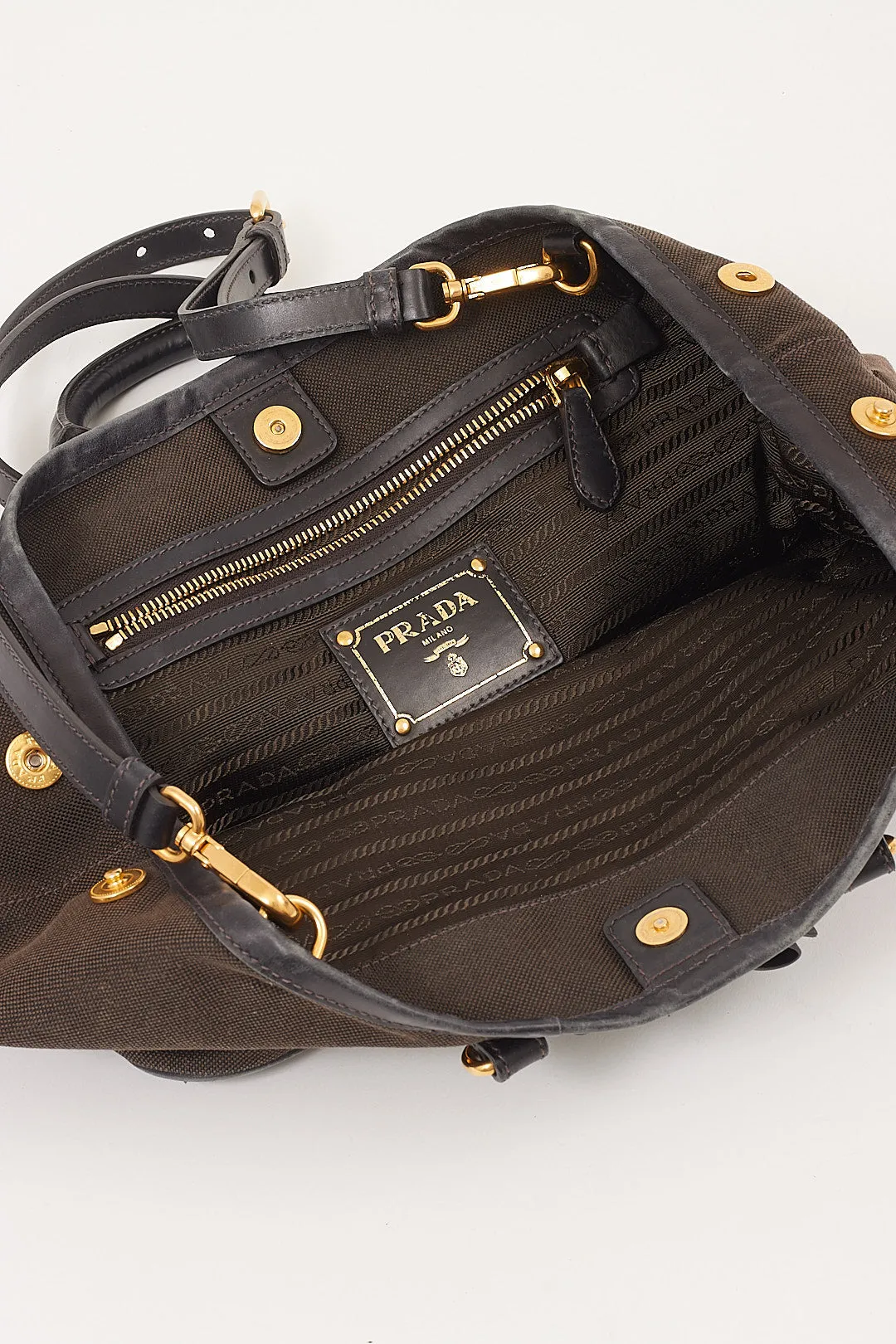 Prada Brown/Black Canvas Logo Convertible Tote Bag