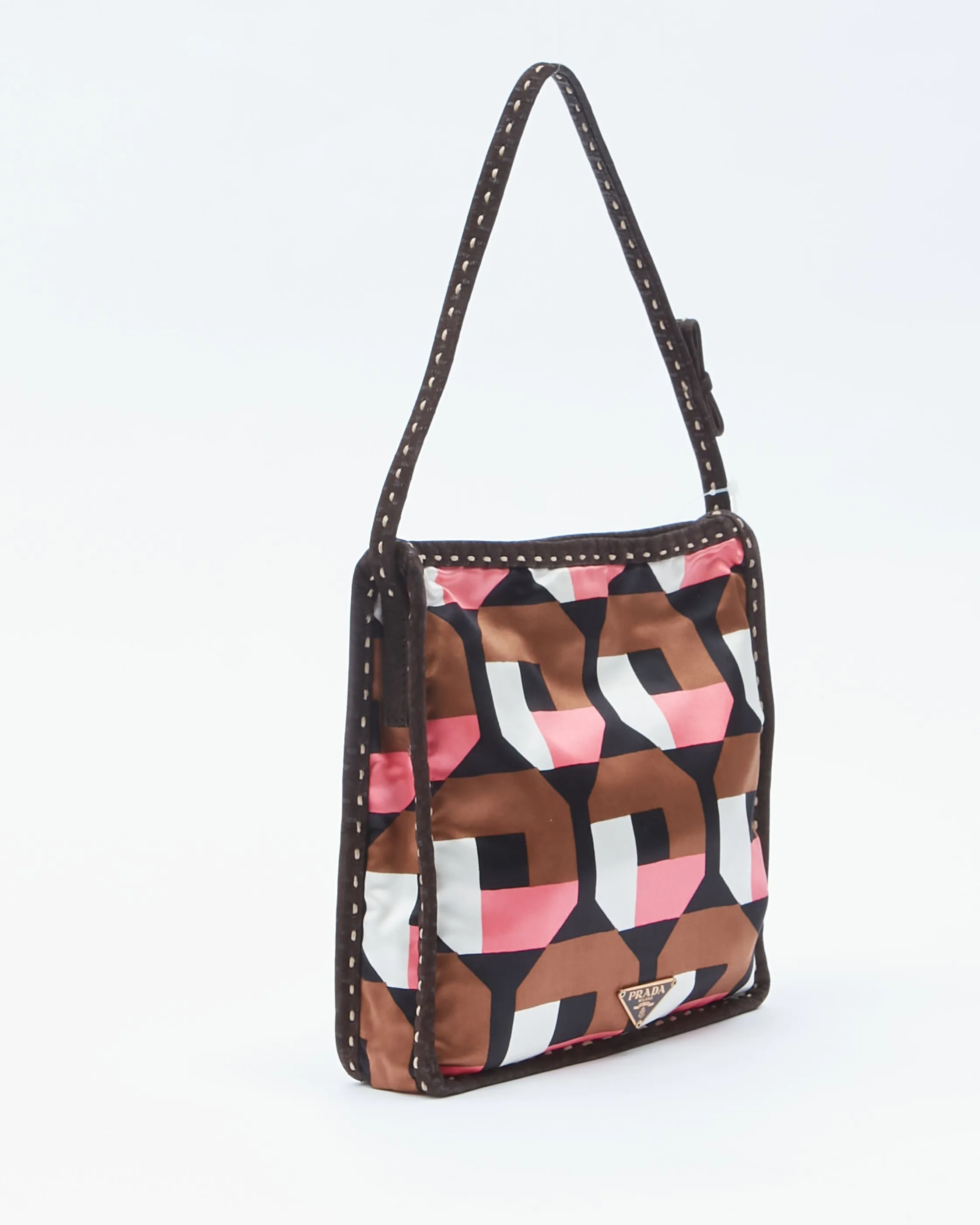 Prada Brown/Pink Silk Pattern Stampato Bow Detail Strap Shoulder Bag