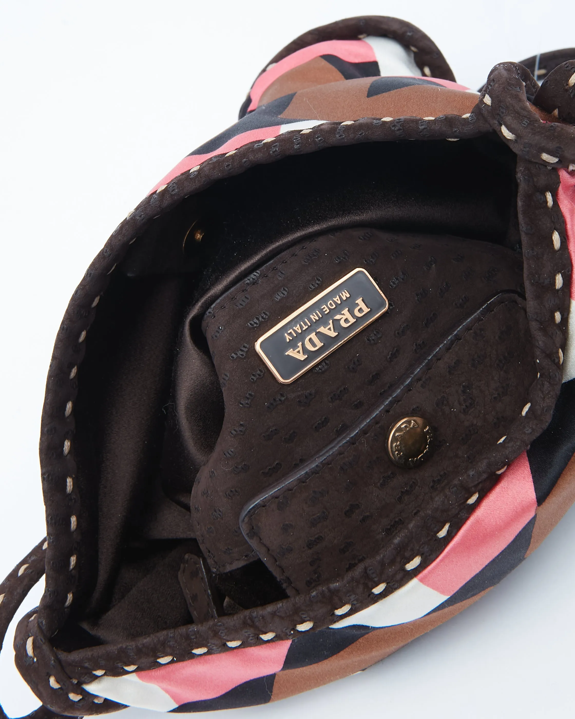 Prada Brown/Pink Silk Pattern Stampato Bow Detail Strap Shoulder Bag