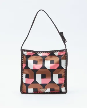 Prada Brown/Pink Silk Pattern Stampato Bow Detail Strap Shoulder Bag