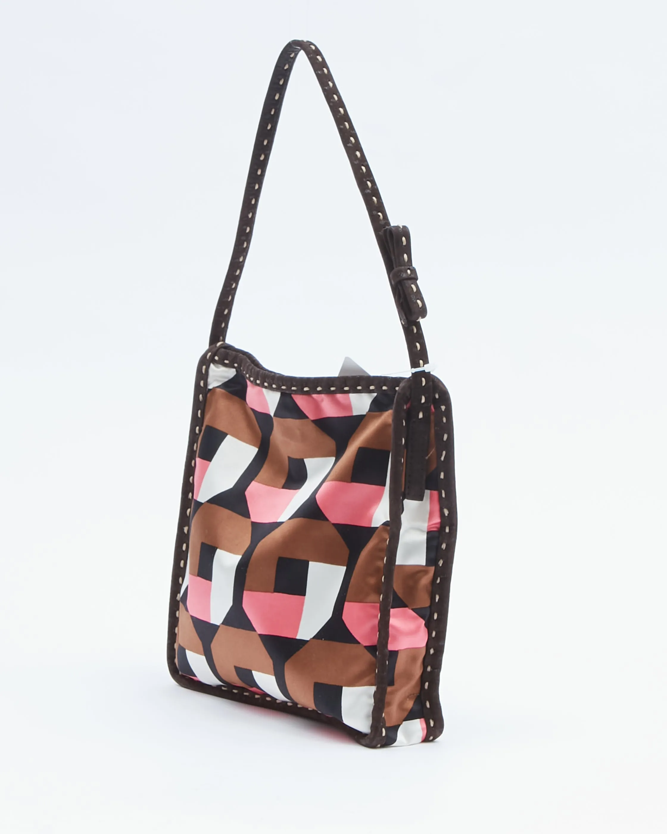 Prada Brown/Pink Silk Pattern Stampato Bow Detail Strap Shoulder Bag