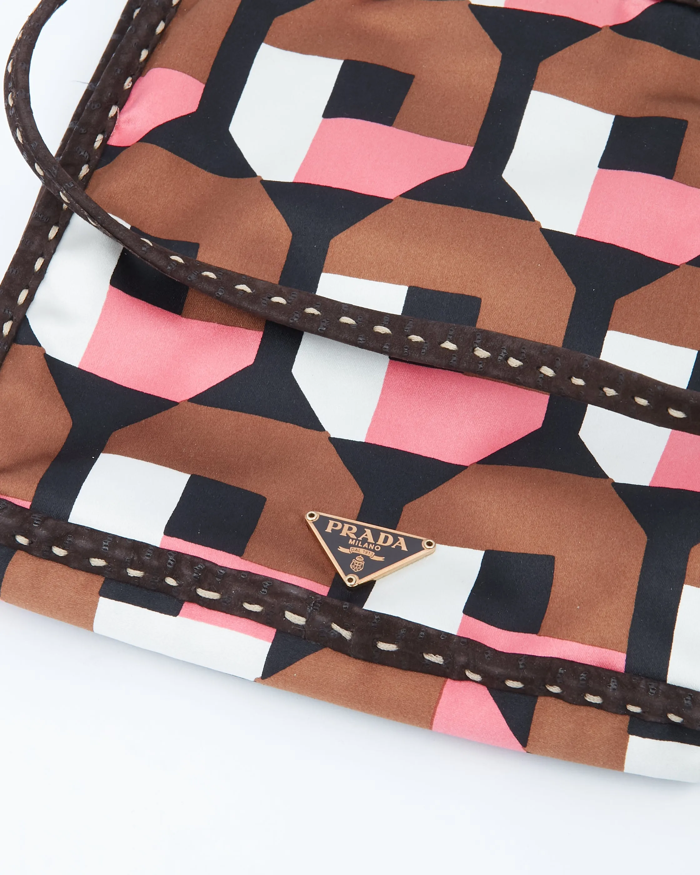 Prada Brown/Pink Silk Pattern Stampato Bow Detail Strap Shoulder Bag