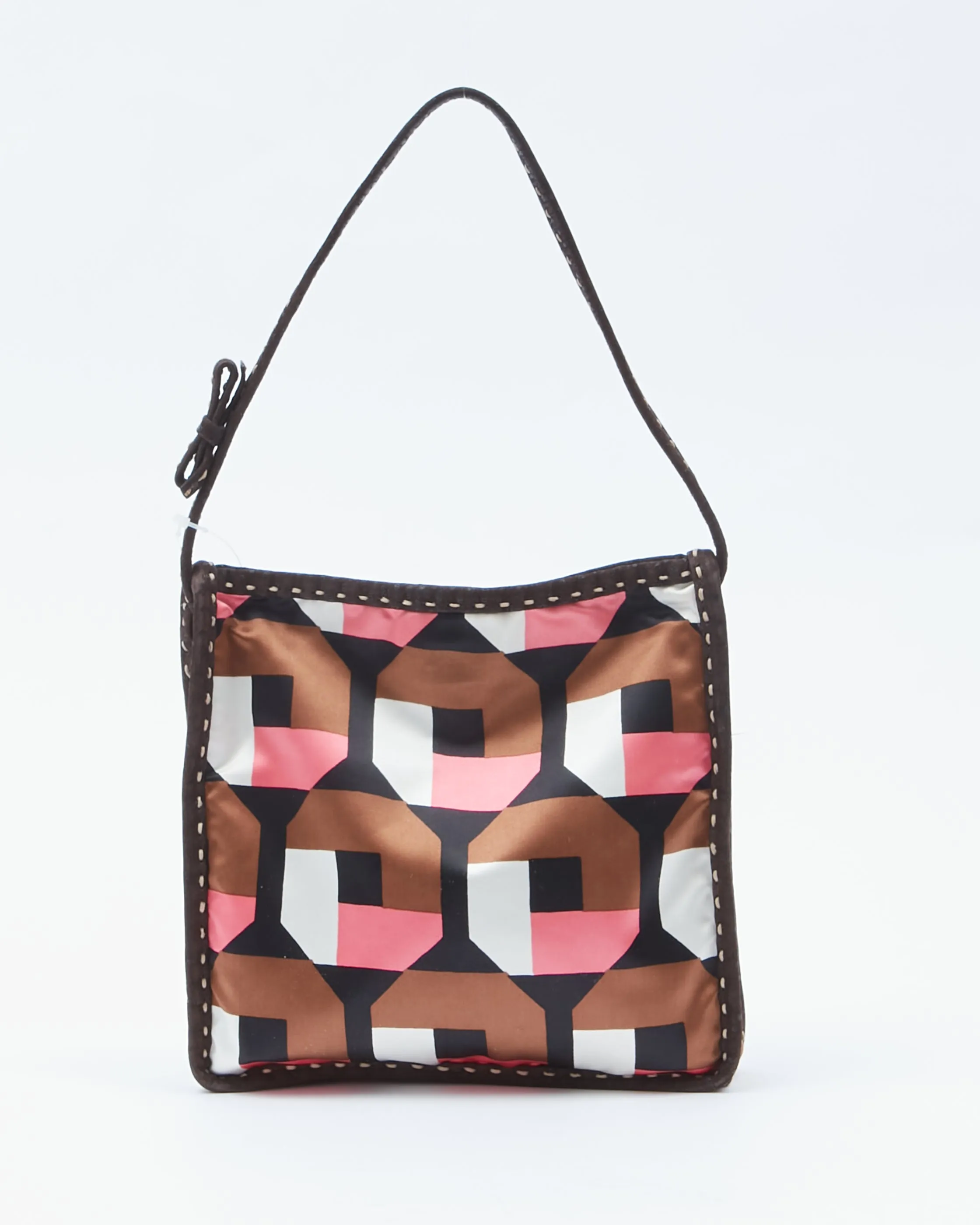 Prada Brown/Pink Silk Pattern Stampato Bow Detail Strap Shoulder Bag